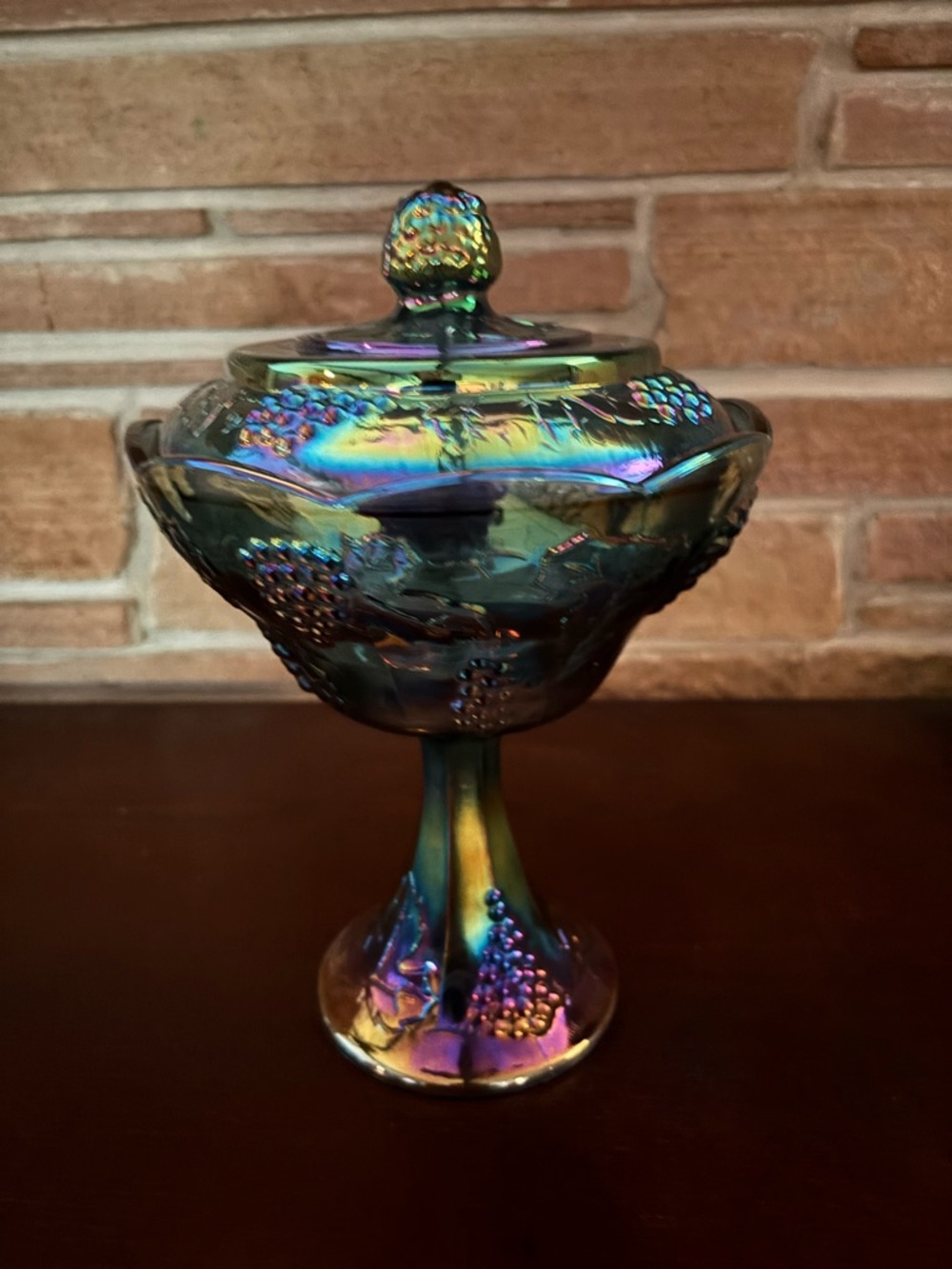Beautiful Vintage Carnival Glass Compote with Lid - Blue-Green Accent - Picture 2 of 2